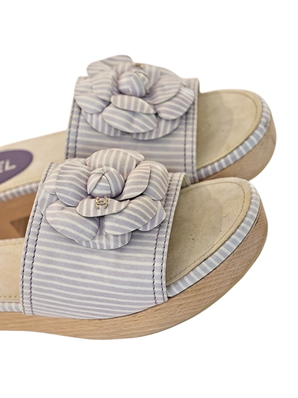 Chanel Viloet stripe Lambskin Leather Camellia Slide - Picture 8 of 11